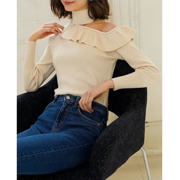 Rouge! Sweaters - Shoulder Cut Out Ruffle Knit High Neck Beige Top